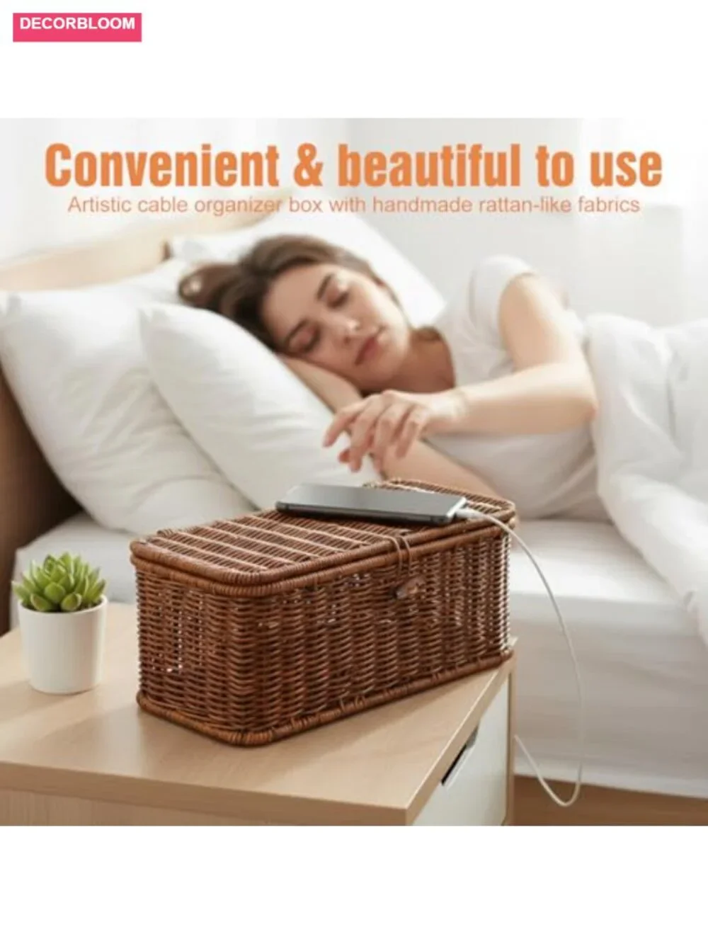 Handmade Rattan Cable Management Box with 2 Slots, Desk Organizer for Home - Picture 5 of 6